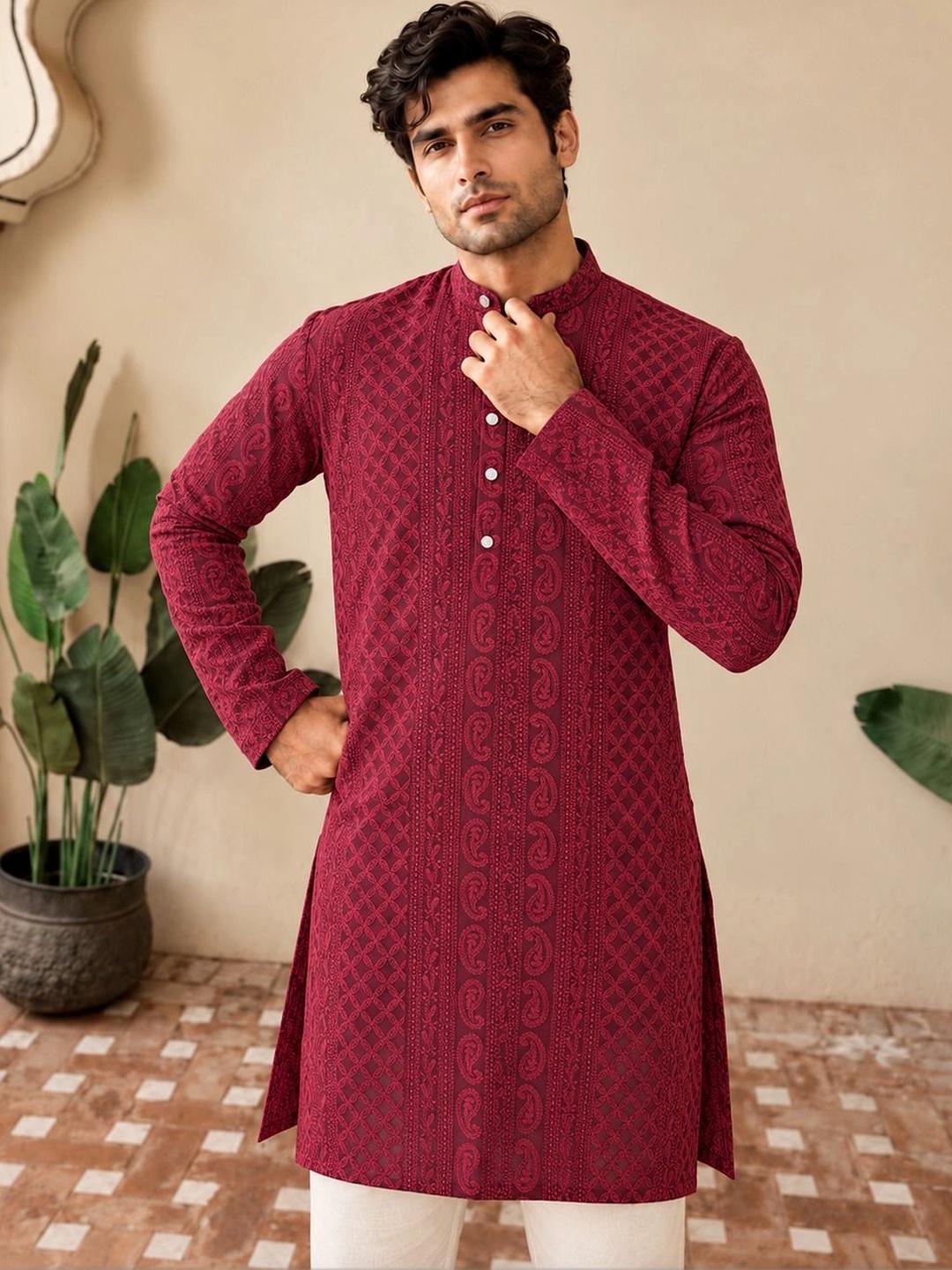 House of Pataudi Men Ethnic Motifs Embroidered Chikankari Kurta - Image 1