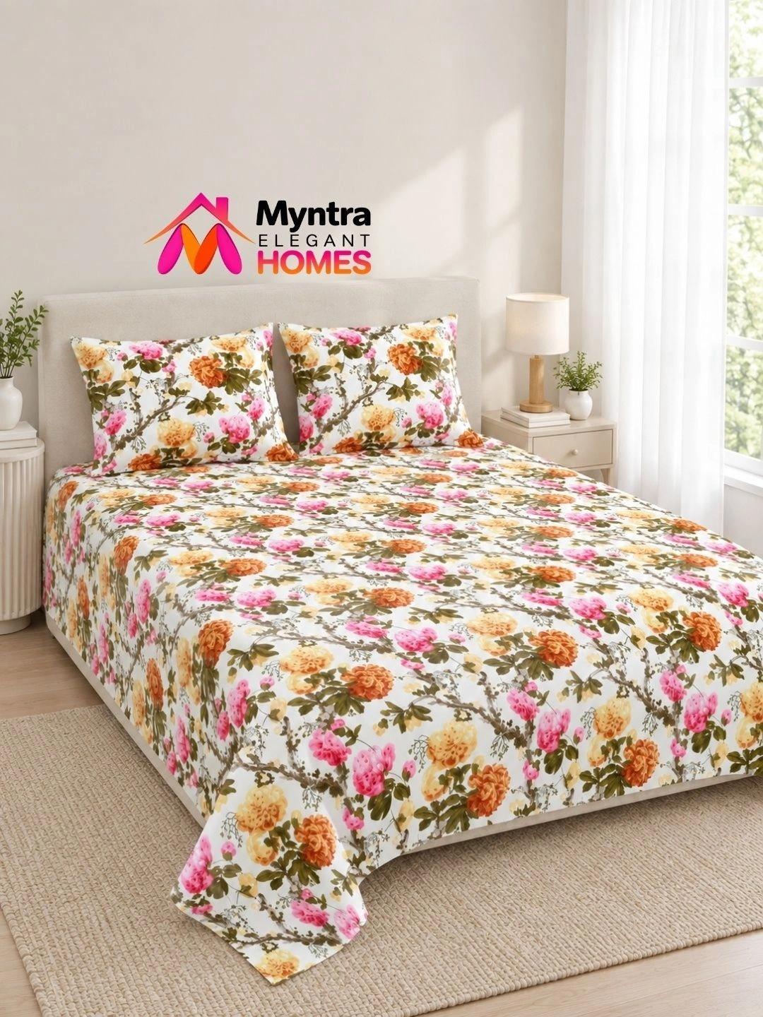 Buy Myntra Elegant Homes Green Floral Printed Cotton Soft Feel 144 TC Double Fine Bedsheets 18In X 27In -  - Home for Unisex