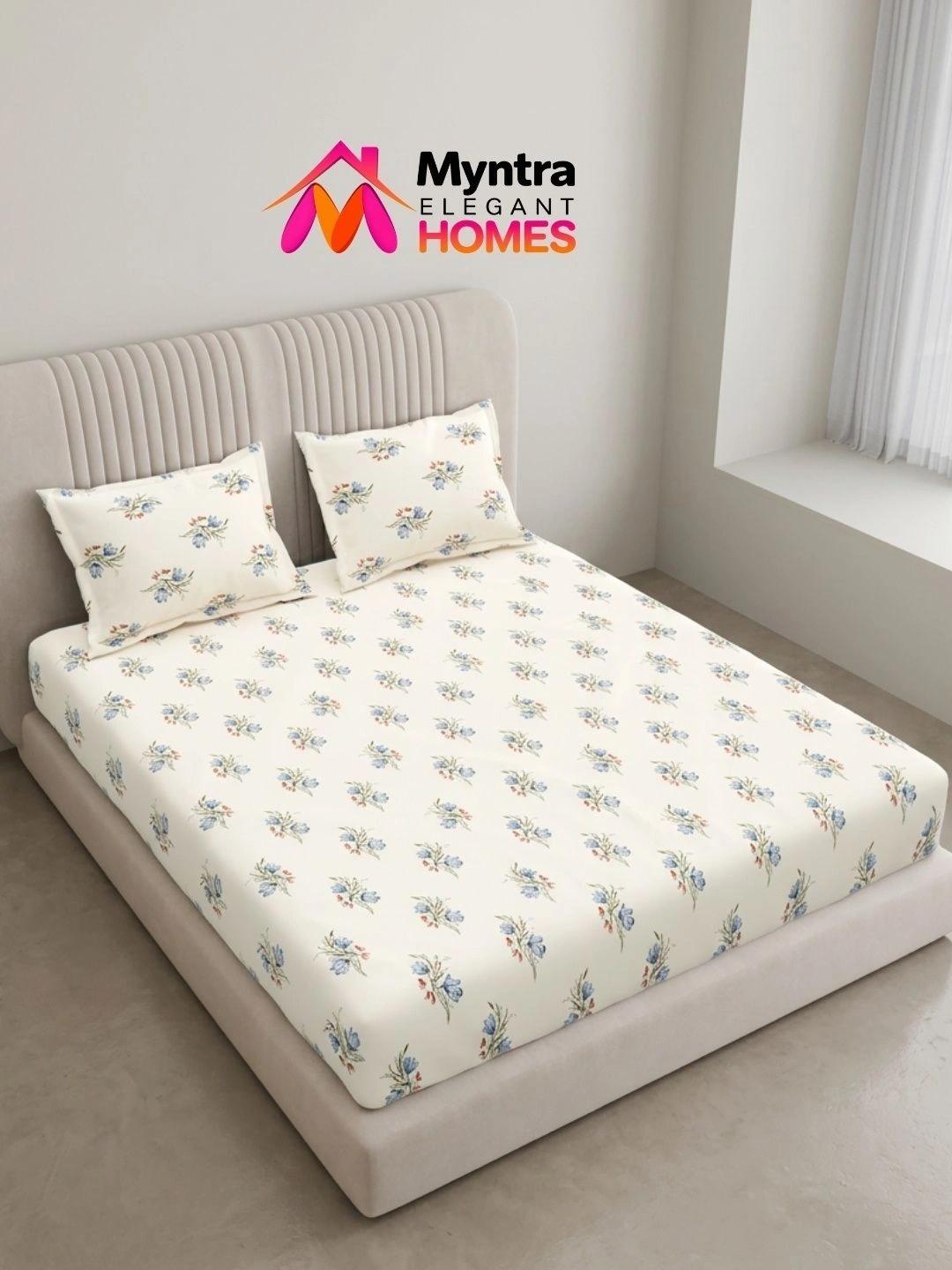 Buy Myntra Elegant Homes Cream Pure Cotton 210 TC Floral King Bedsheet With 2 Pillow Covers 2.74 M X 2.74 M -  - Home for Unisex