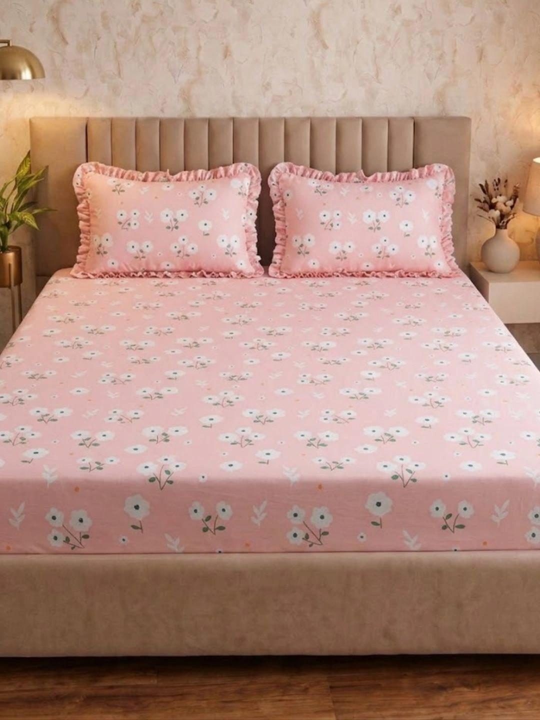Buy DREAM WEAVERZ Pink Floral 260TC Fitted King Bedsheet With 2 Pillow Covers 2.35 M X 2.55 M - - Home for Unisex