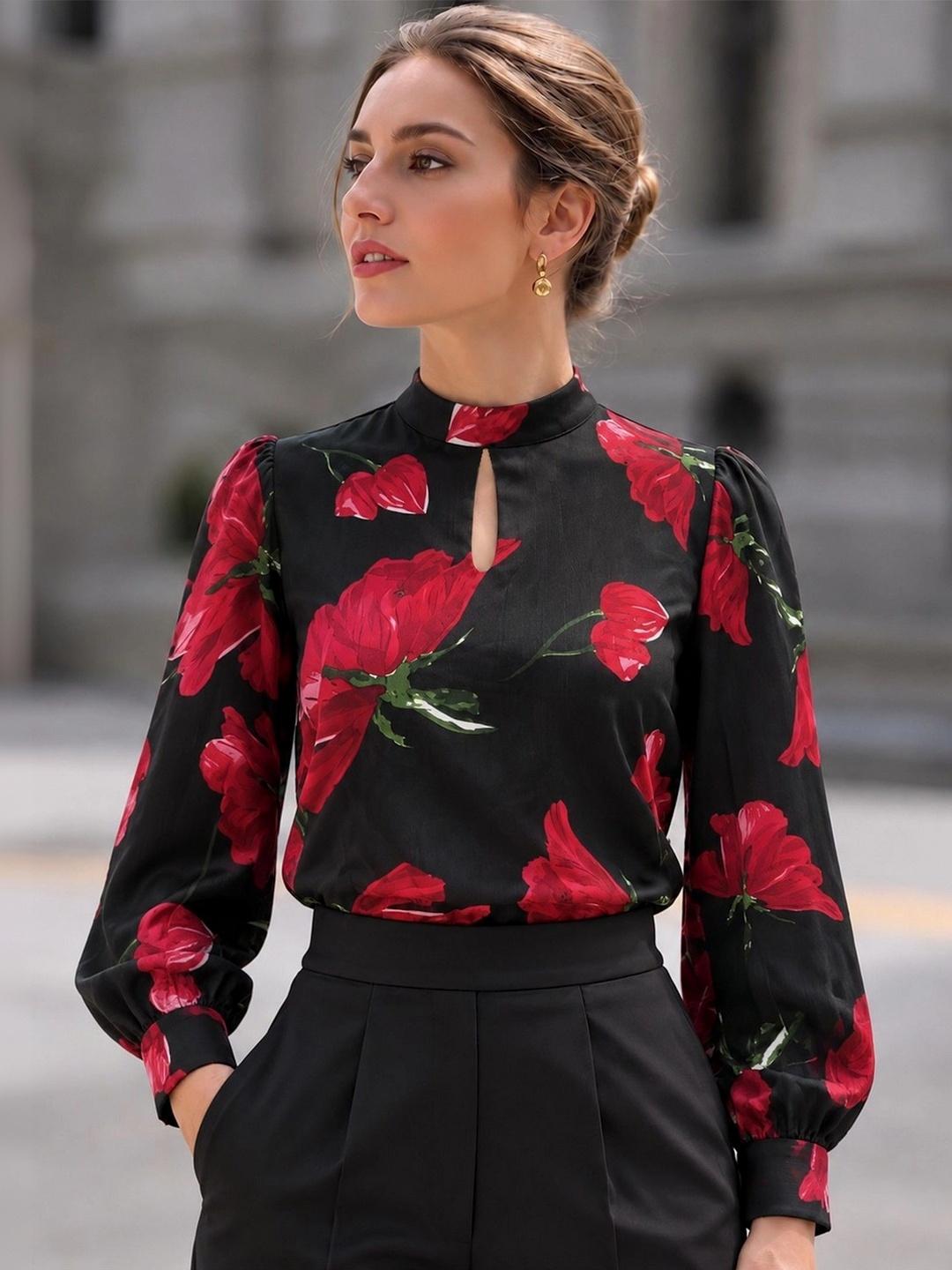 Flowral Top Buy Amarasha Floral Print Keyhole Neck Puff Sleeve Satin Top - Tops for ...