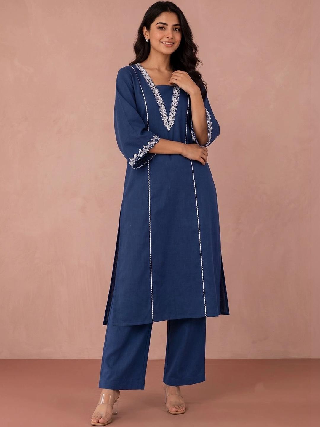 Buy Varanga Navy Blue And White Square Neck Floral Embroidered Top With Trouser -  - Apparel for Women