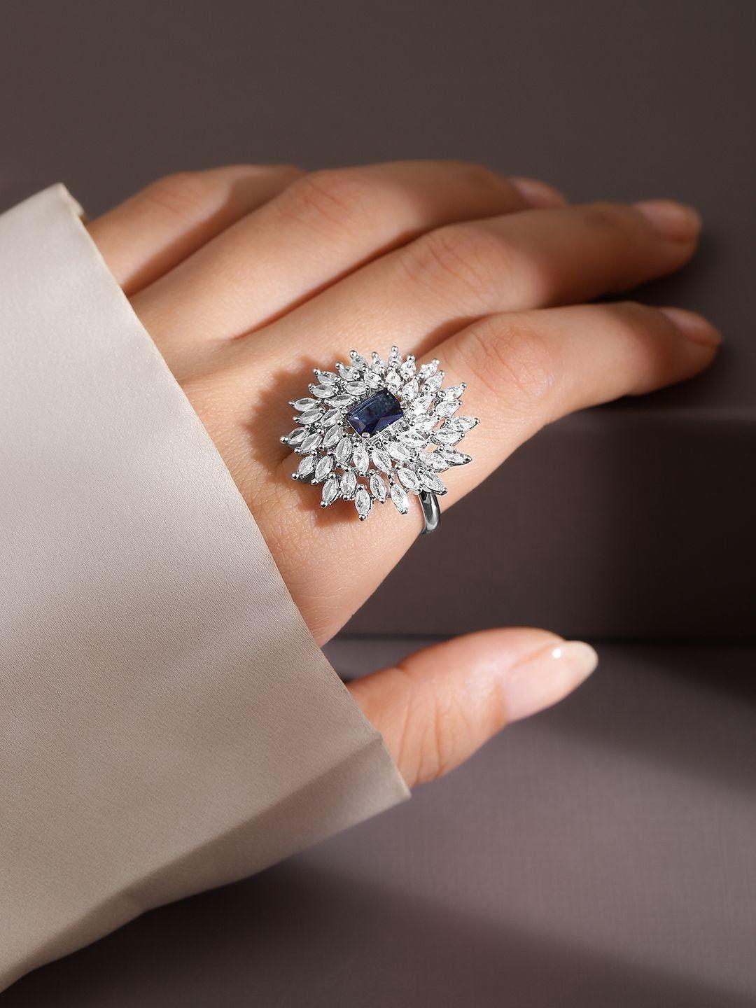 Buy Rubans Rhodium Plated Blue Sapphire & White CubicZirconia Studded Adjustable Cocktail Ring -  - Accessories for Women