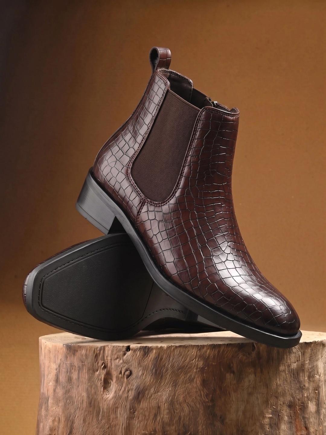 House of Pataudi Men Textured Square Toe Slip-On Chelsea Boots - Image 1