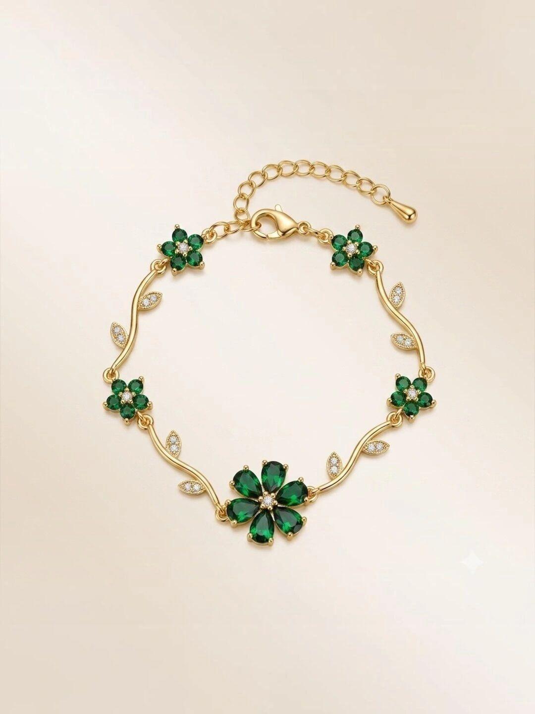 Buy JYARSH Women Gold Plated Stainless Steel Green CZ Floral Link Bracelet - - Accessories for Women
