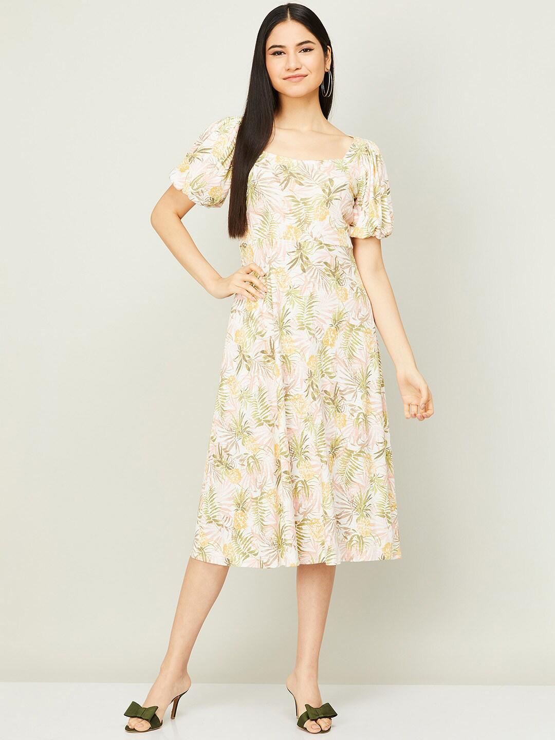 Beige Floral Printed Midi Dress