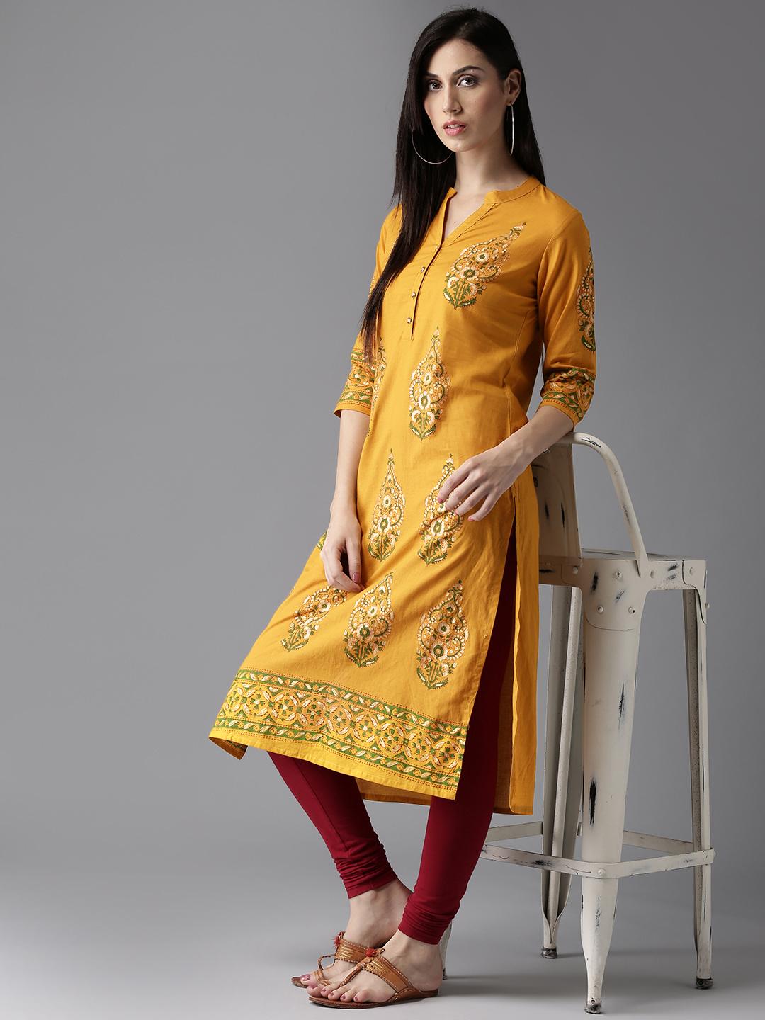 Stylish Mustard Cotton Straight Kurta Featuring Block Printed Yoke and Mirror Detailing