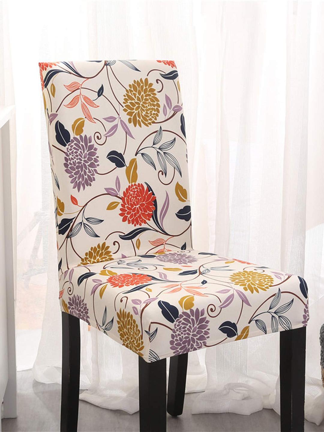 Buy HOUSE OF QUIRK Set Of 4 Off White & Yellow Printed Stretch Chair Cover -  - Home for Unisex