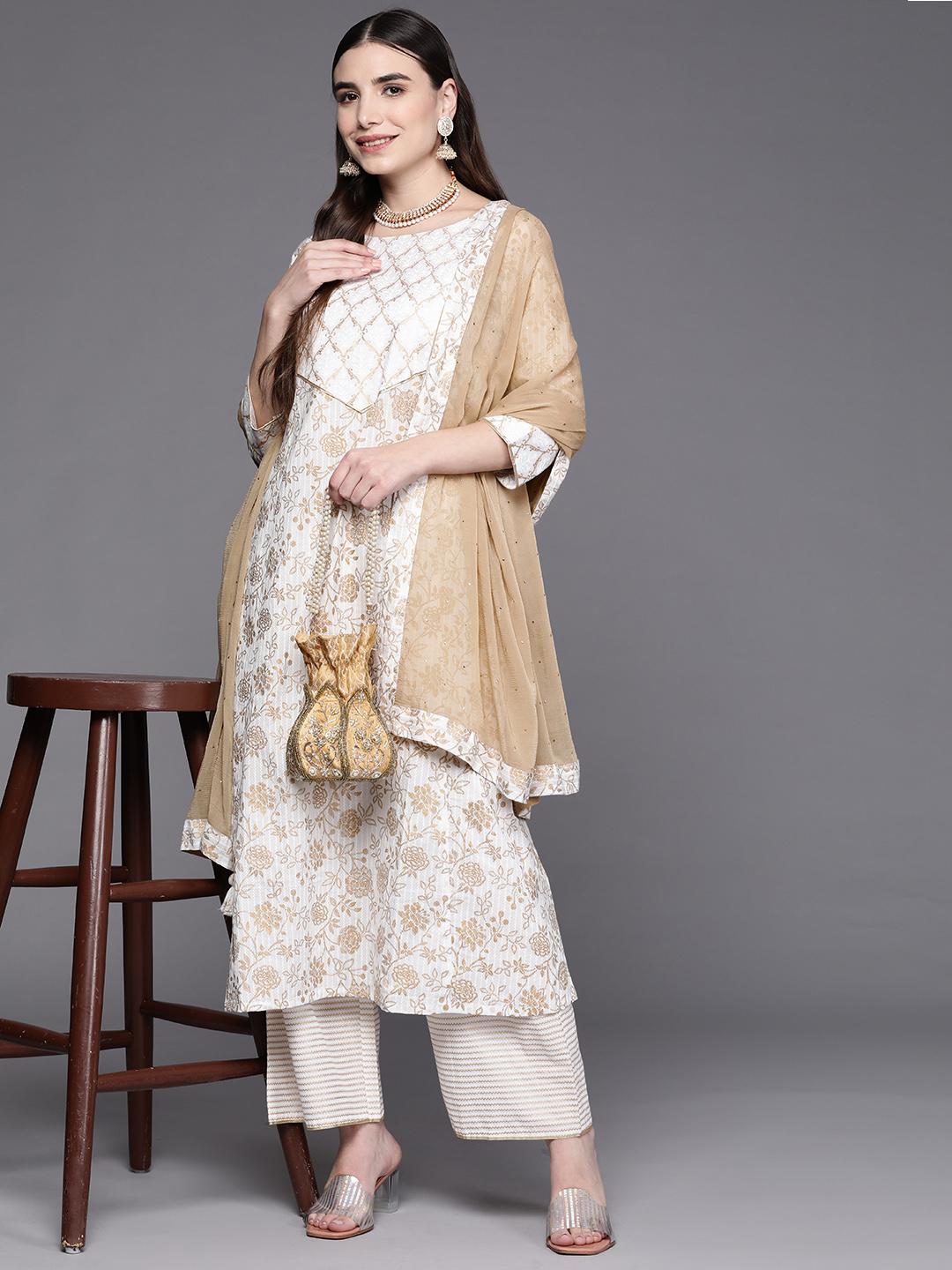 Women Red & Off-White Solid Kurta With Palazzos & Dupatta
