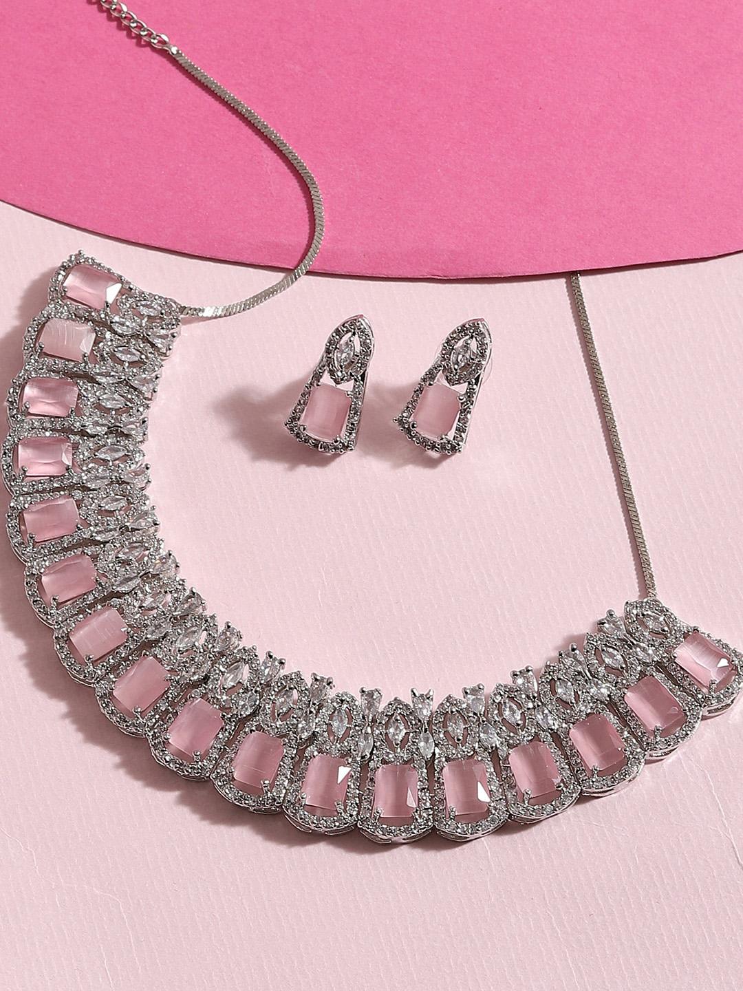 Buy SOHI Women Silver Plated Pink AD Studded Jewellery Set - - Accessories for Women