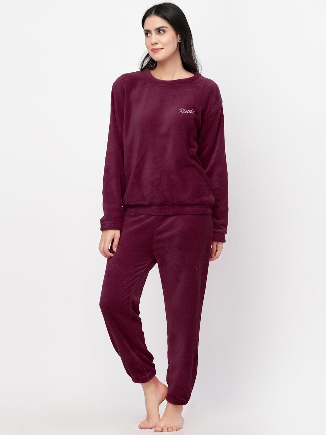 Maroon Cotton Night Suit For Women - Set of 2