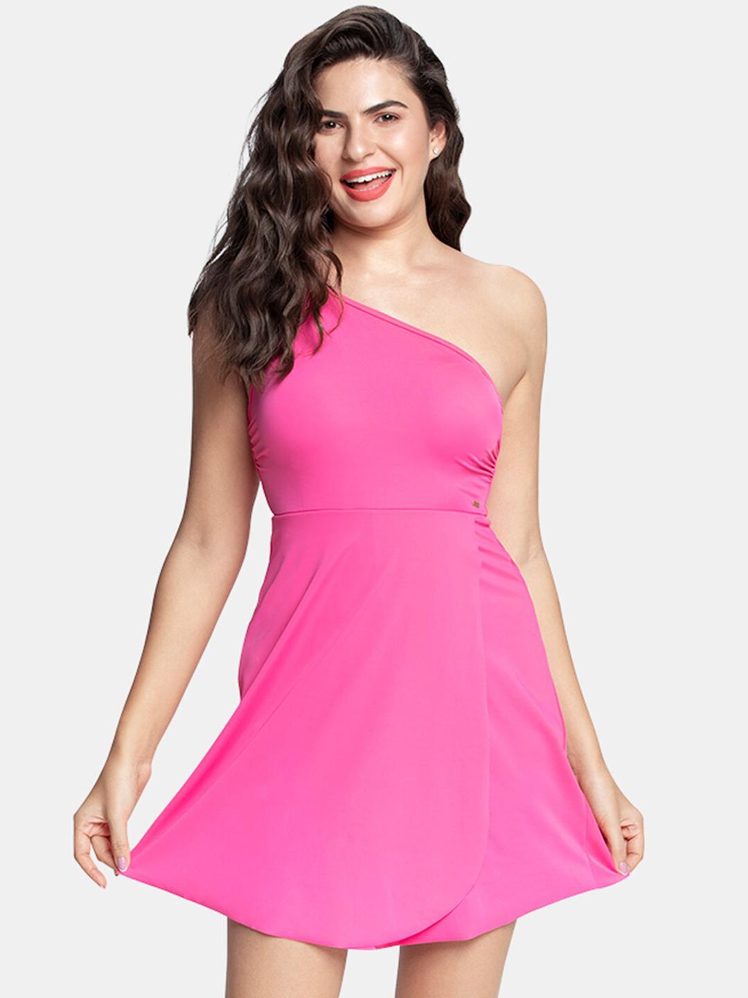 Women Pink Solid One Shoulder Neckline High Coverage Padded Swimwear Dress
