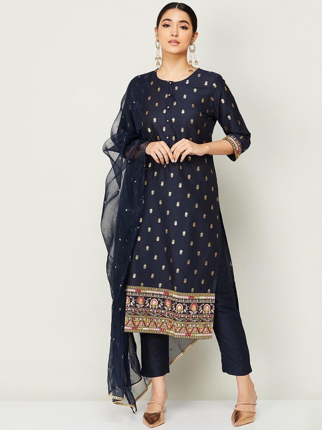 Women Navy Blue Embroidered A-Line Kurta Trousers Set main image 1
