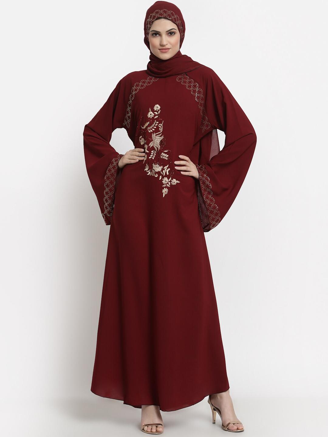 Buy Arrabi Women Maroon & Beige Embroidered Burqas - Burqas for Women ...