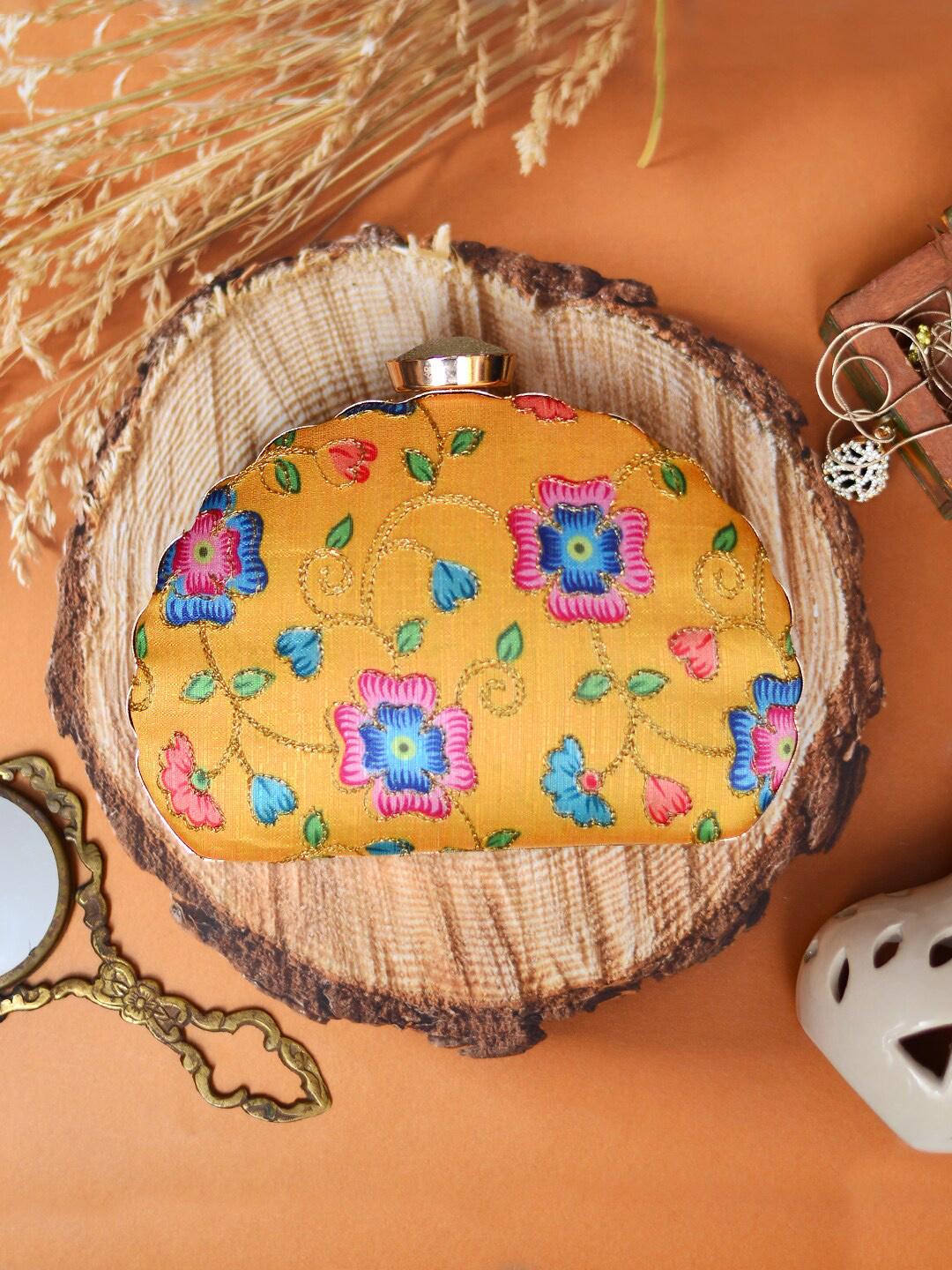 Buy ARTKLIM Yellow & Blue Printed Embroidered Half Moon Clutch -  - Accessories for Women