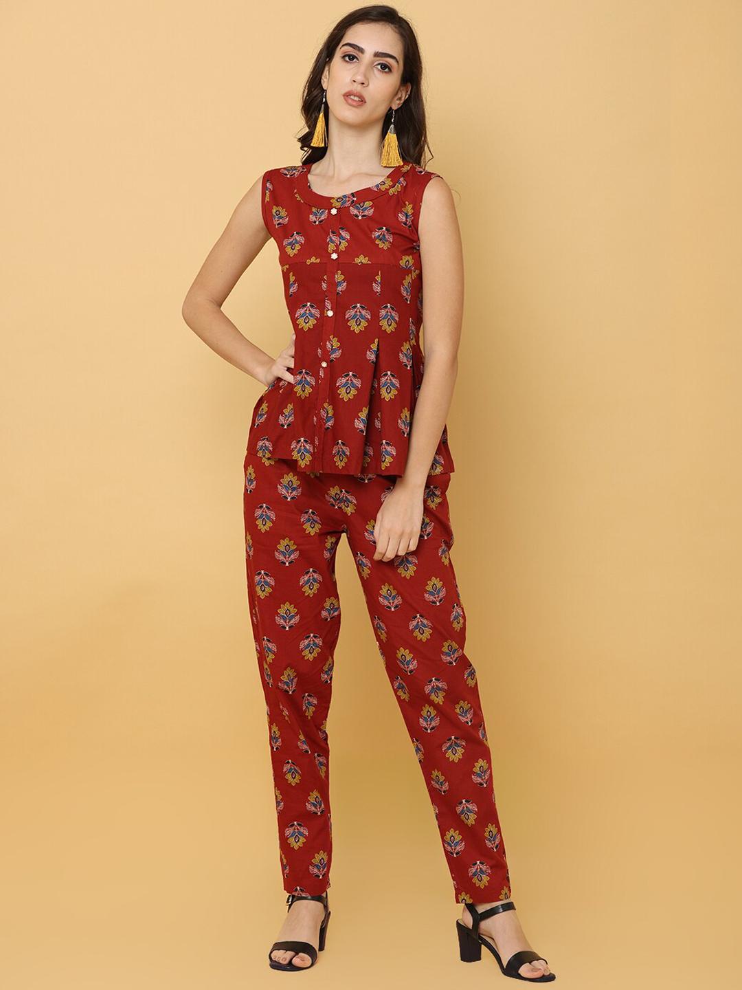 Women Red Floral Printed Kurta With Trouser