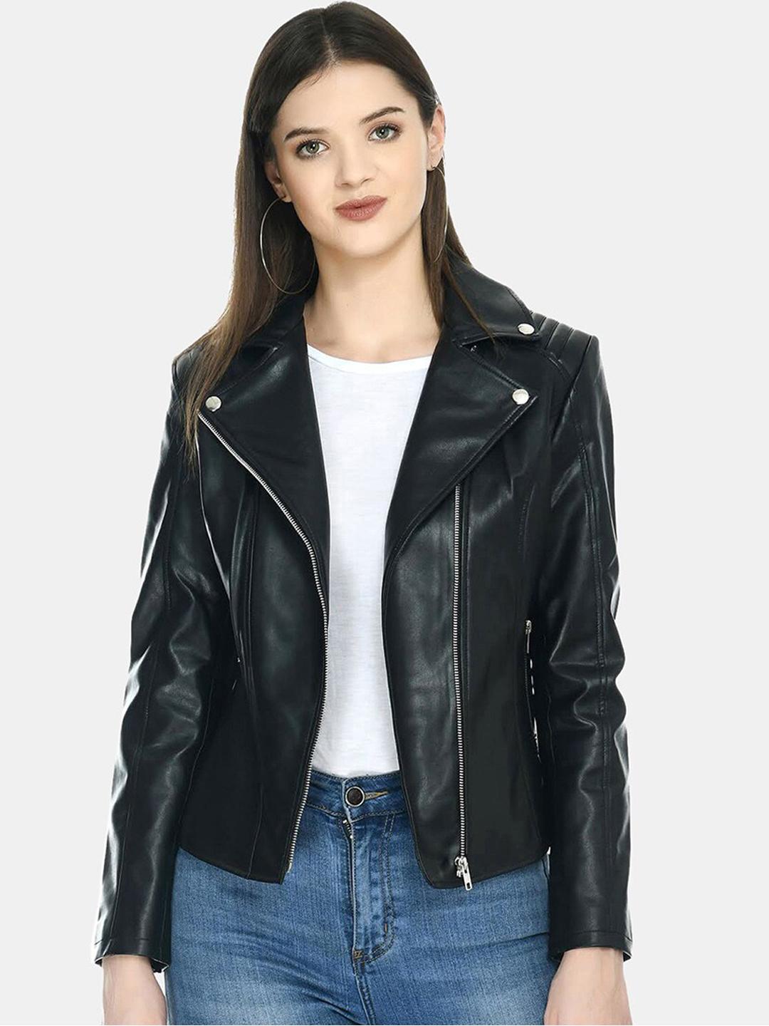 TBOJ Women Black Lightweight Outdoor Leather Biker Jacket