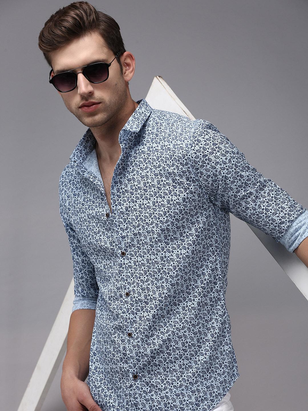 Men's Navy Blue Smart Spread Collar Floral Printed Cotton Casual Shirt