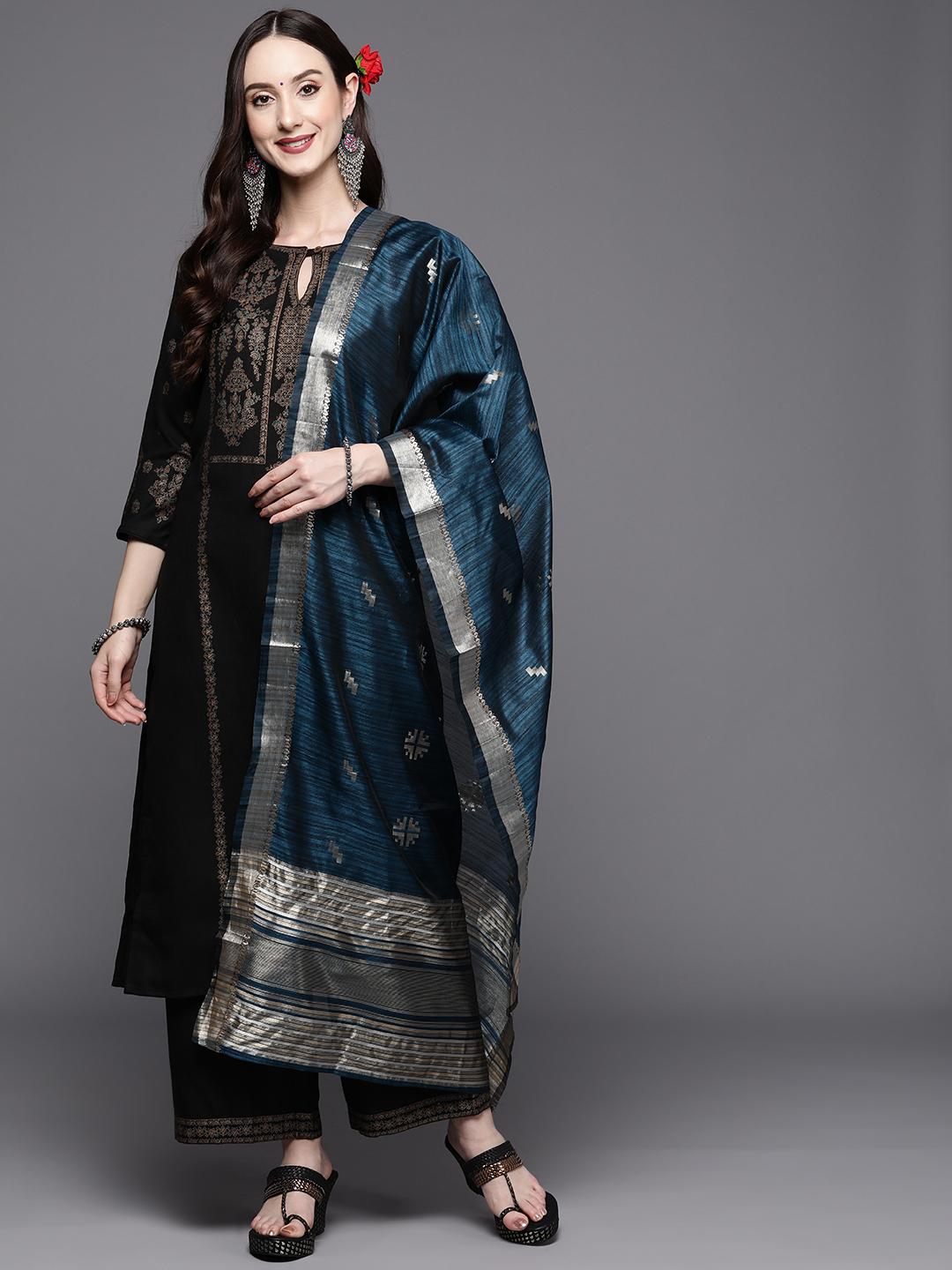 Indo Era Black Foil Printed A-line Kurta With Palazzo Set