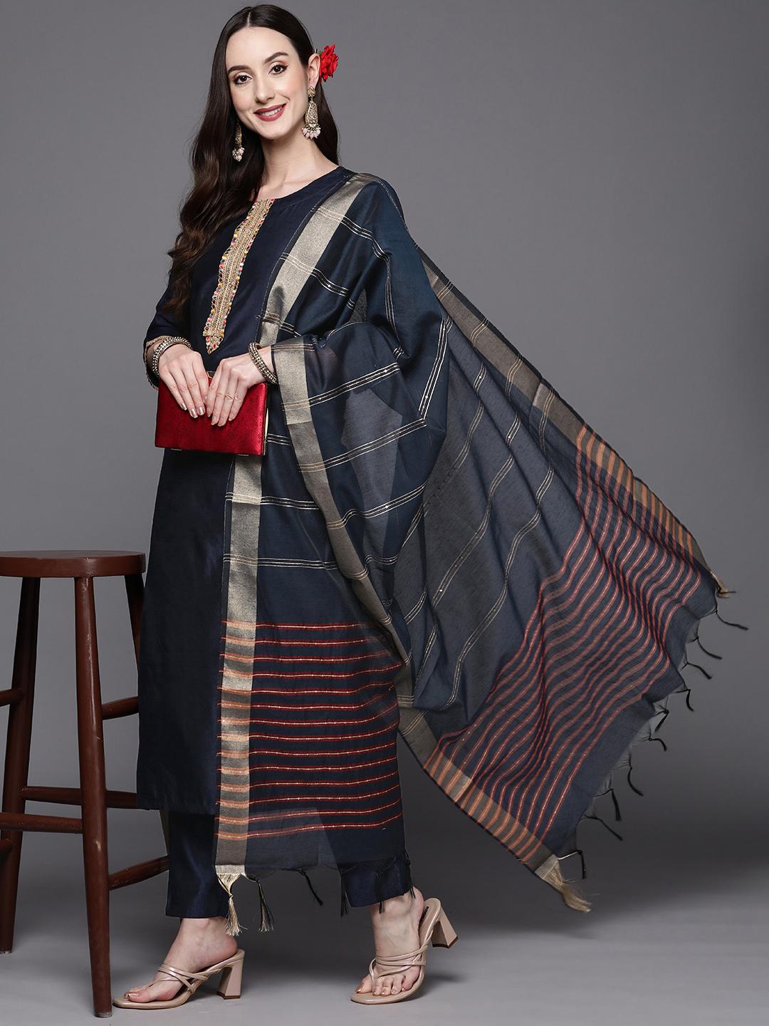Women's Chevron Navy Blue Straight Kurta Set with Dupatta