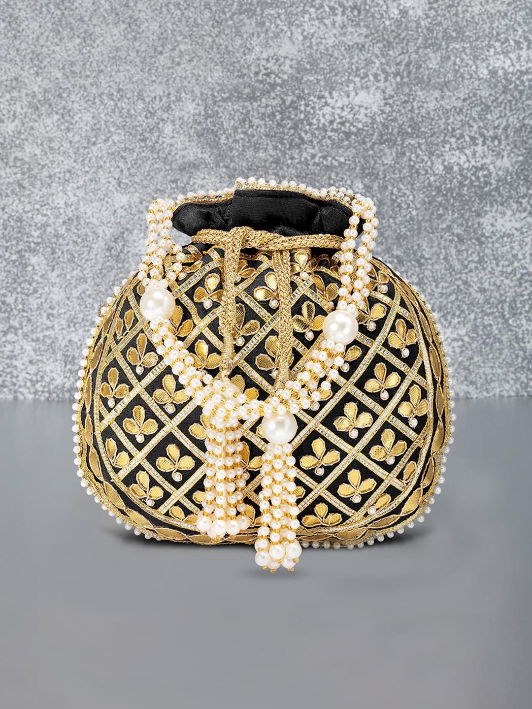 Buy Peora Black & Gold Toned Embellished Embellished Potli Clutch - - Accessories for Women