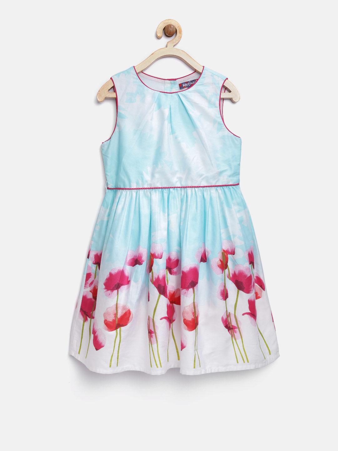 Buy Nauti Nati Girls Blue & White Floral Print Fit & Flare Dress ...
