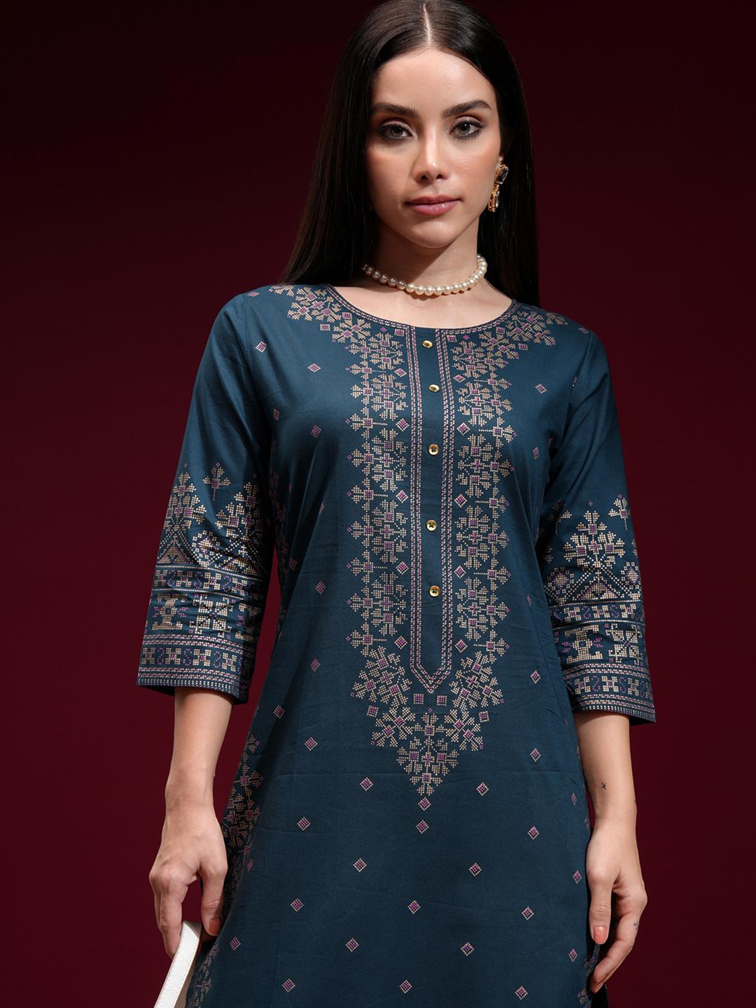 Women'S Navy Blue Printed A- Line Kurta