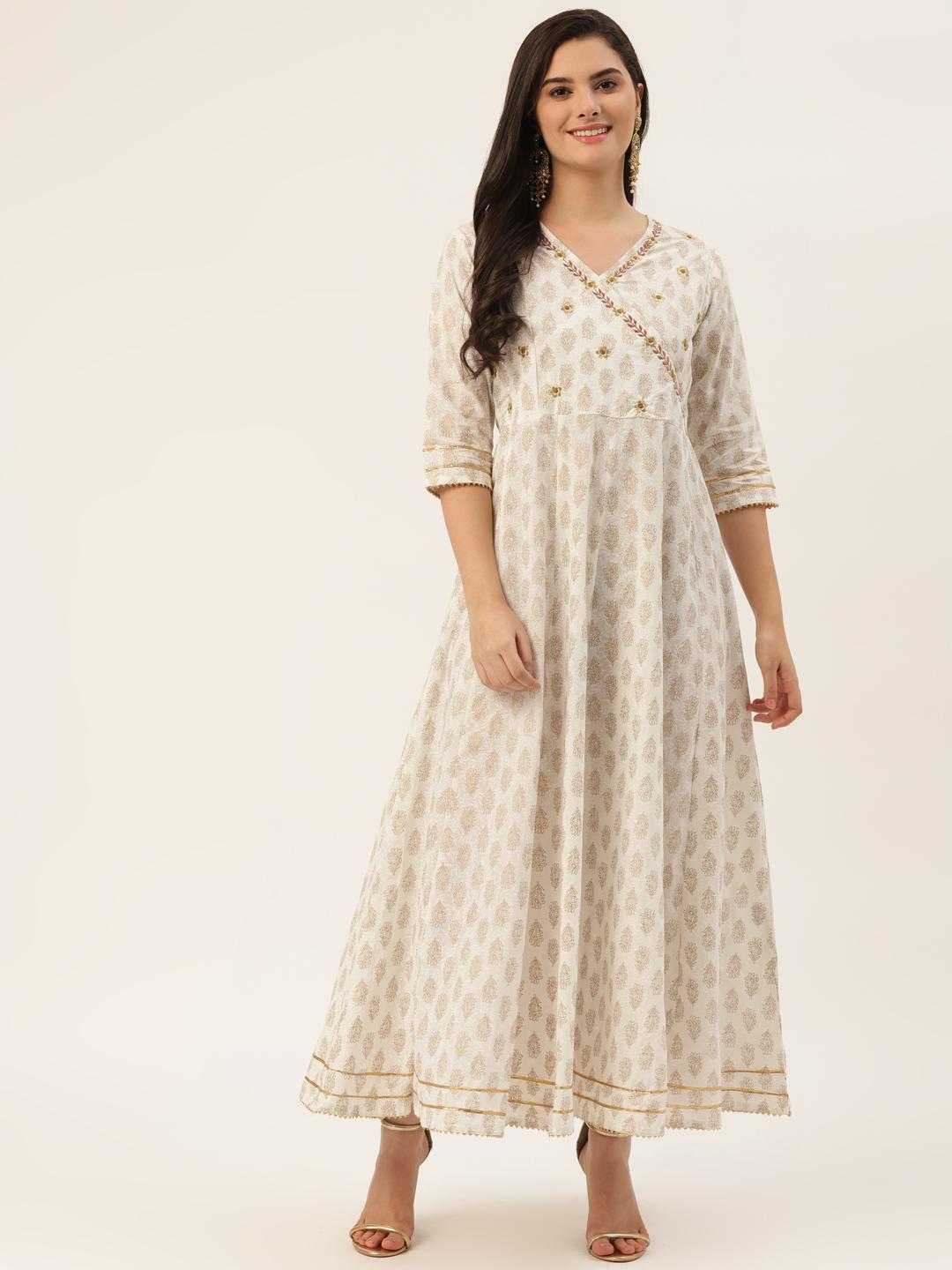 Women's Off White Ethnic Motifs Printed Chanderi Straight Cotton Kurta