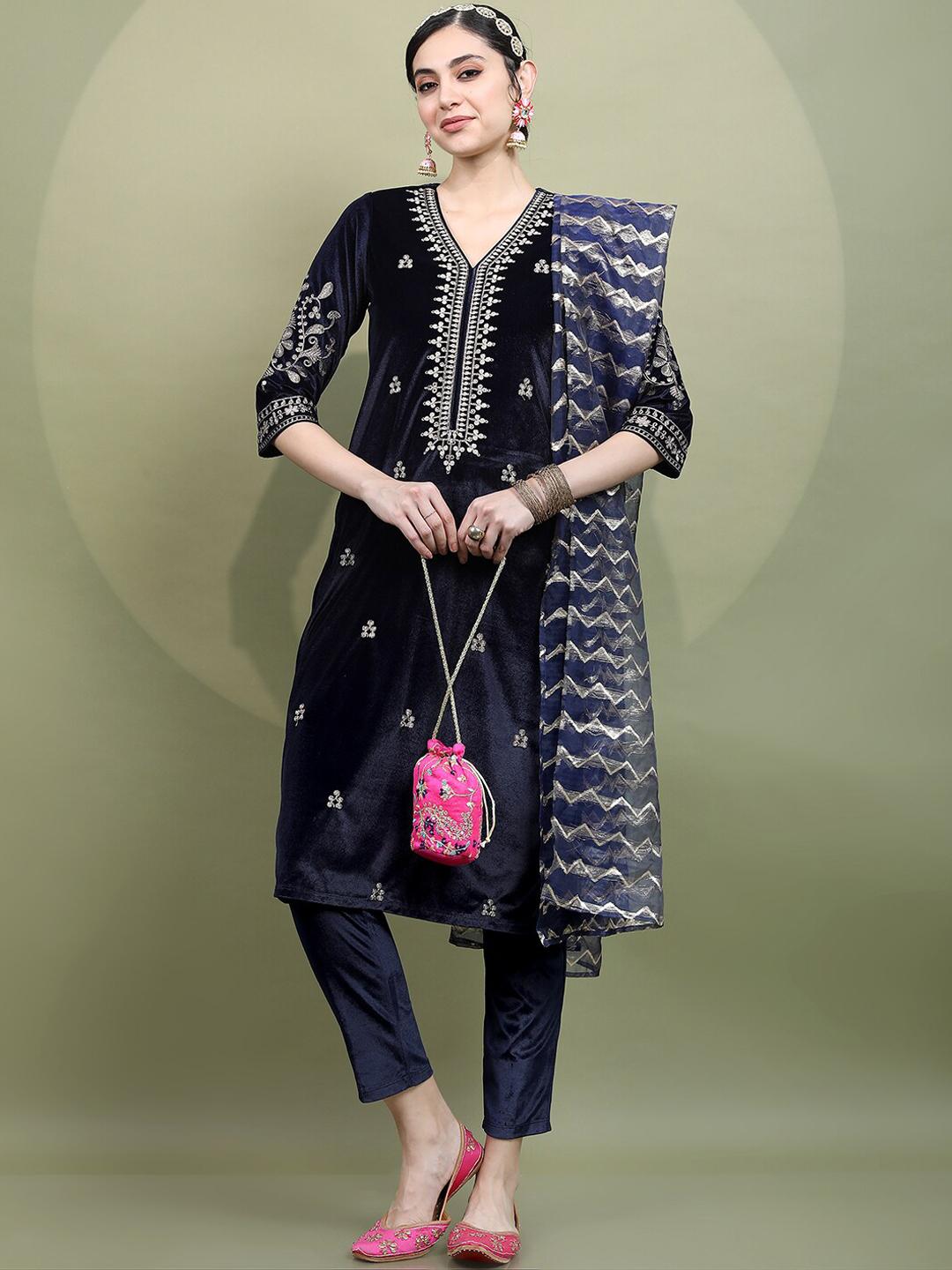 Winter Women Velvet Grey Embroidered Kurta Comfort Pant Dupatta