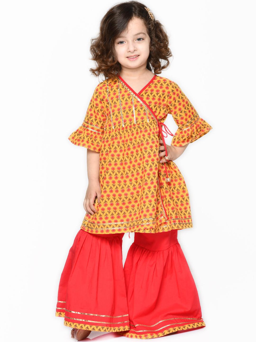 Girls Yellow self design Angrakha Gotta Patti Kurta & Sharara set With Dupatta