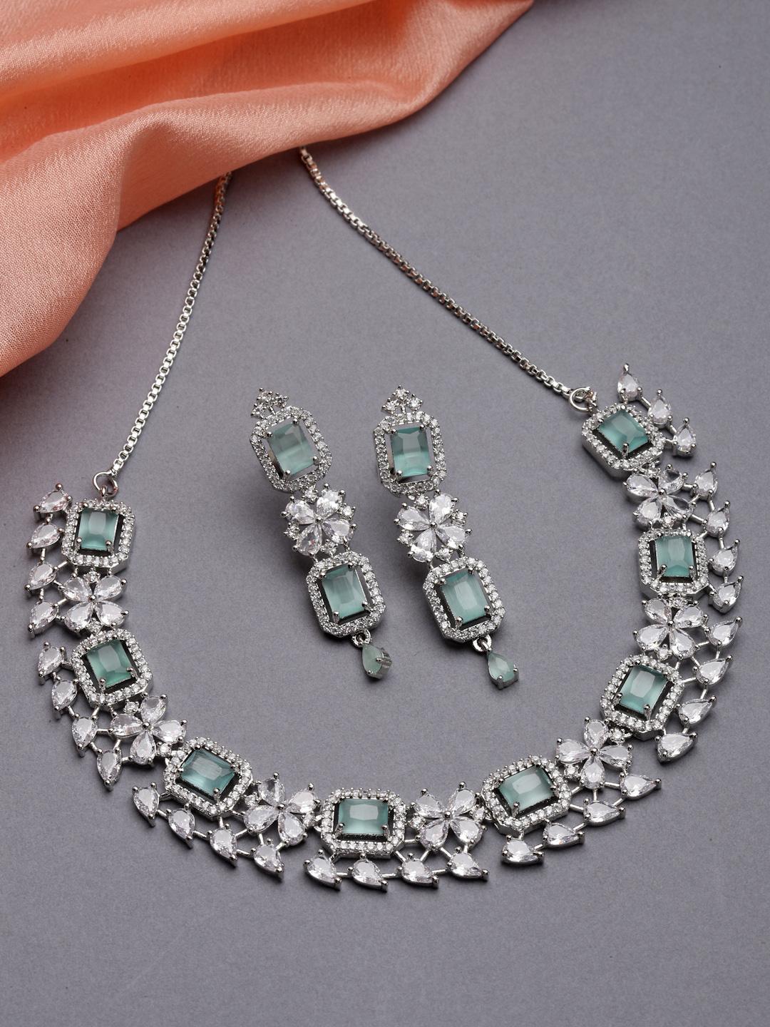 Buy ZENEME Rhodium Plated Silver Toned Sea Green Ad Studded Jewellery Set - - Accessories for Women