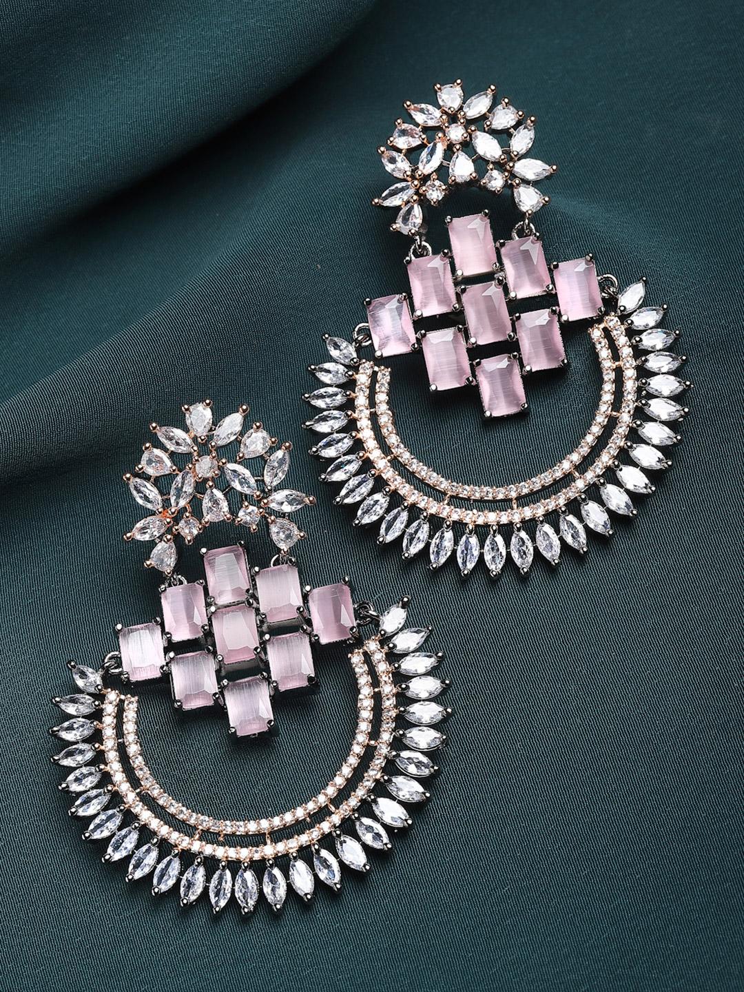 Buy ZENEME Rose Gold Plated Gunmetal Toned Pink American Diamond Studded Circular Drop Earrings -  - Accessories for Women
