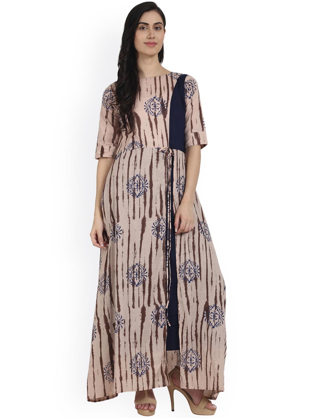 Women Nude Printed Half Sleeve Cotton Front Slit Floor Length Double Layer Kurta main image 0