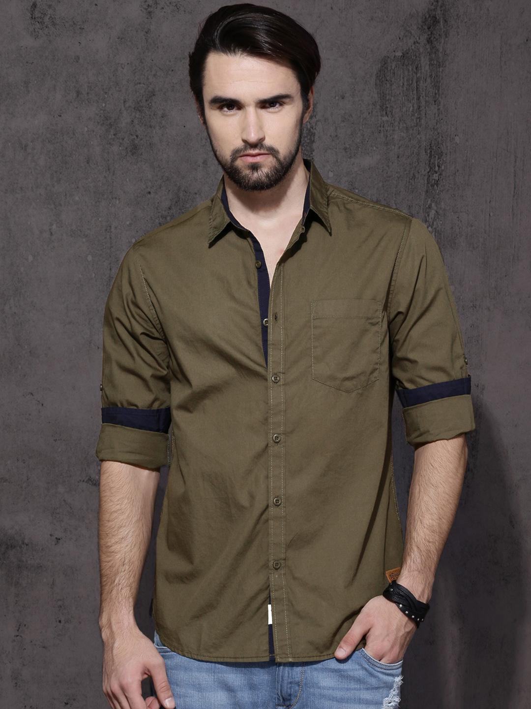 Roadster Men Olive Green Regular Fit Solid Sustainable Casual Shirt