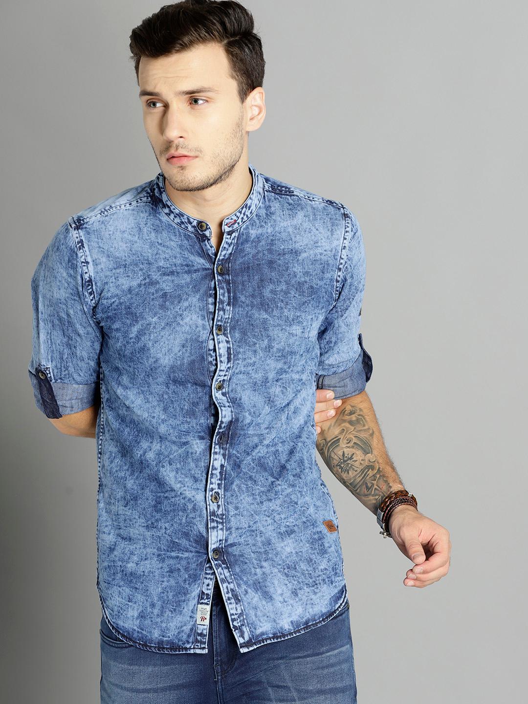 Roadster Men Blue Denim Casual Shirt with Heavy Wash