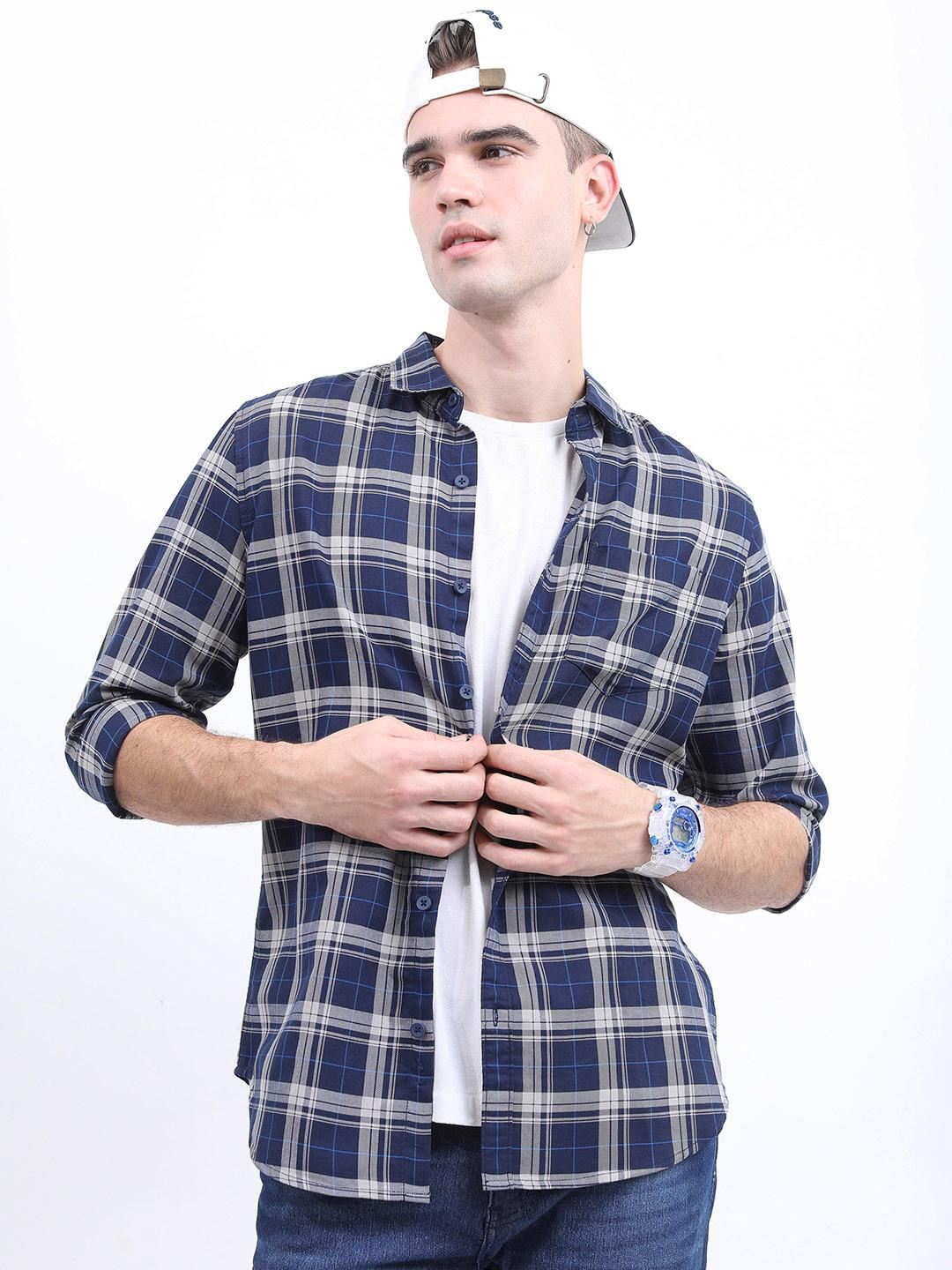 HIGHLANDER Men Slim Fit Tartan Checked Casual Cotton Shirt