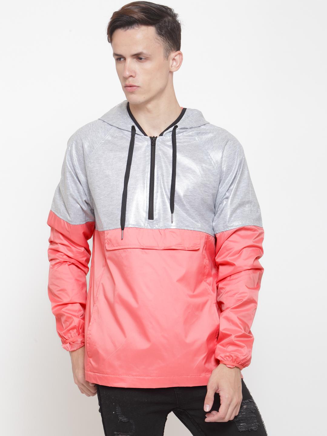 Buy FOREVER 21 Men Grey Melange & Coral Pink Colourblocked Hooded ...
