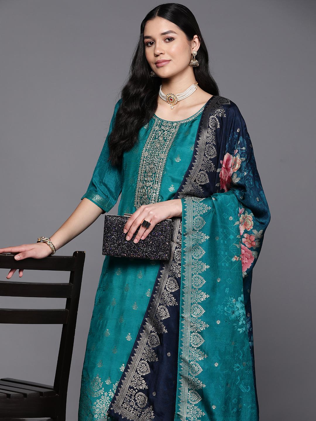Libaso Buy Libas Women Green Floral Pure Silk Kurta With Trousers & With ...