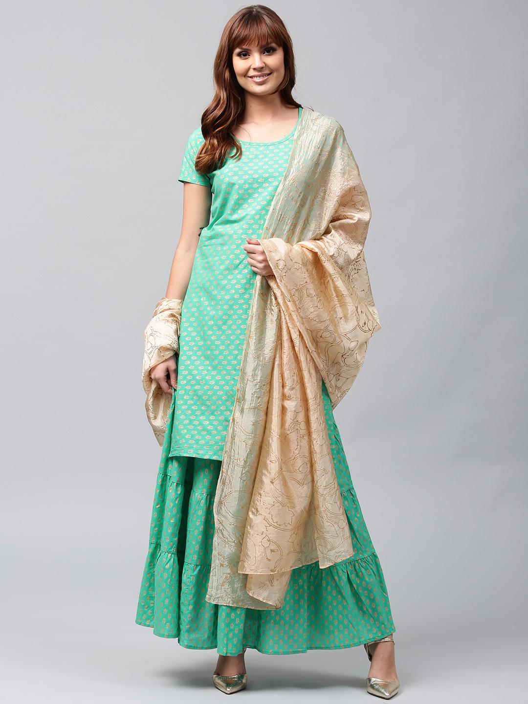 Women Green & Golden Printed Kurta With Trousers & Dupatta main image 0