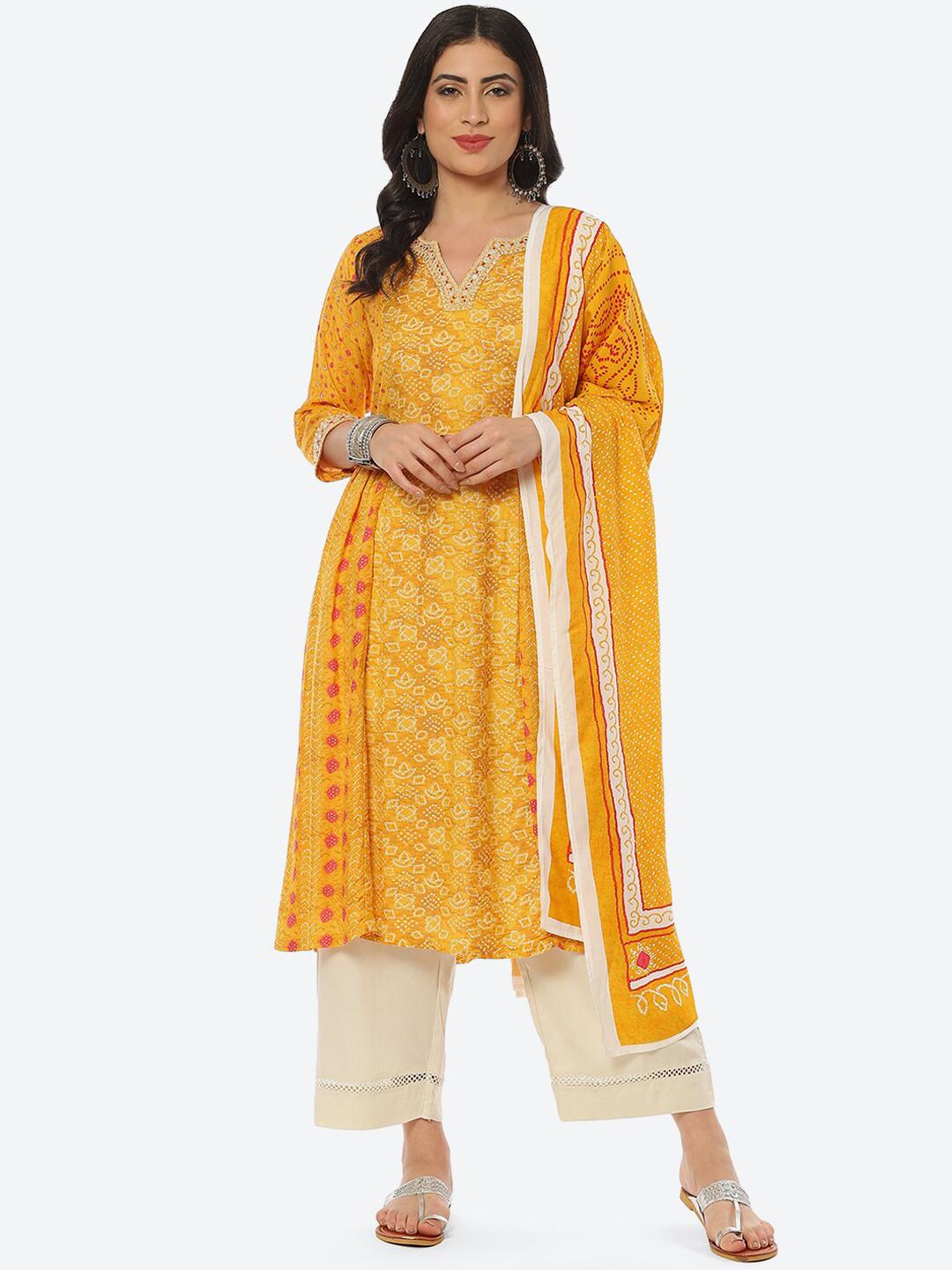 Bandhani Print Mirror Embellished Kurta Set with Embroidered Plazzo & Ombre Dupatta