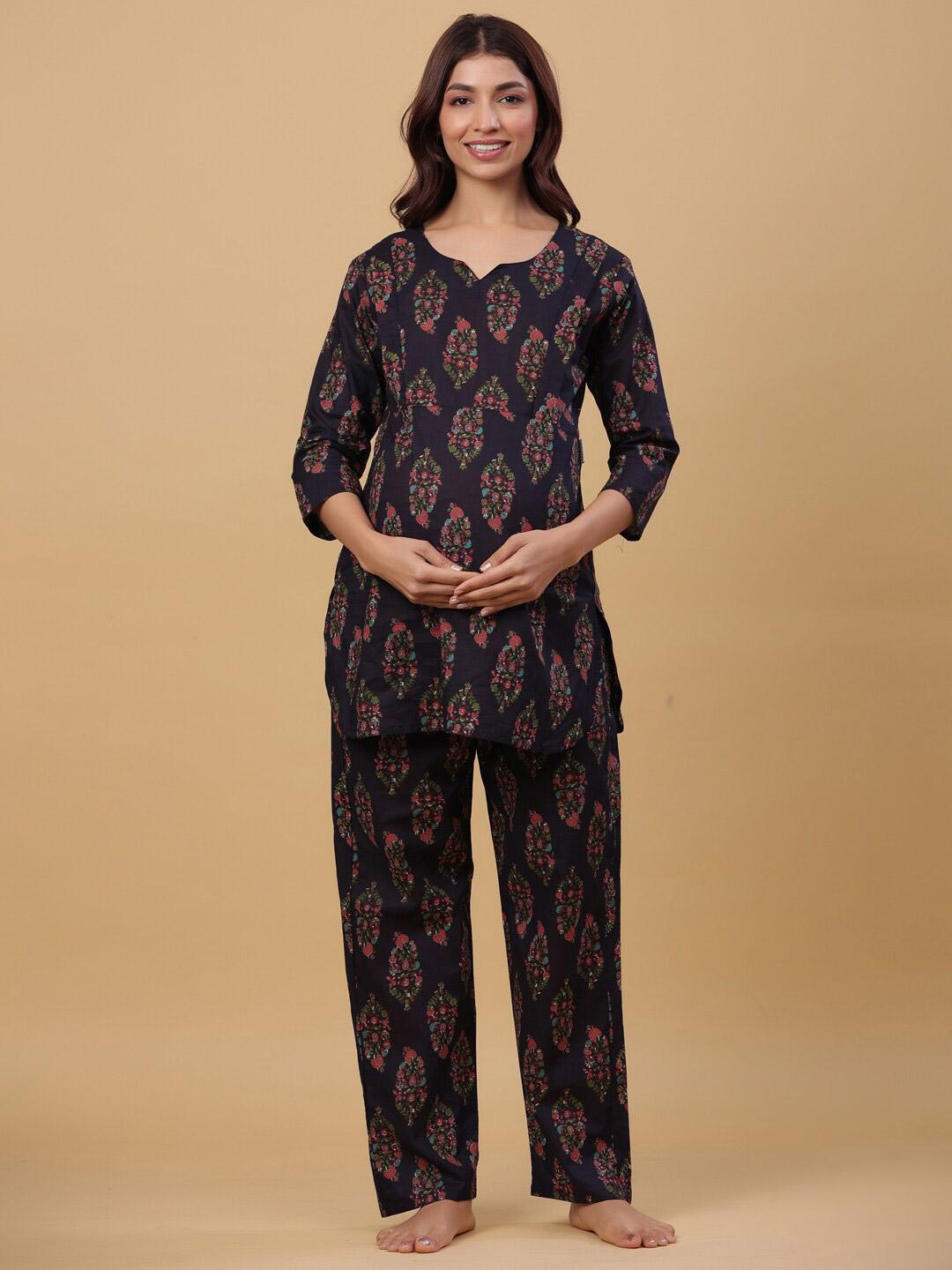 Maroon Floral Hosiery Maternity Night Suit main image 1