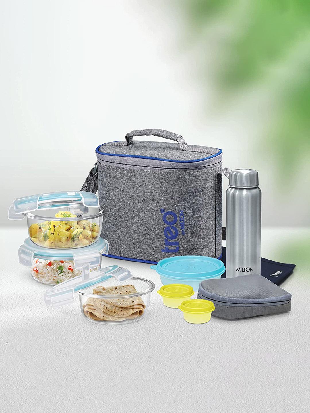 Buy Treo All Fresh Premier 8 Pcs Transparent & Blue Glass & Stainless Steel Lunch Box With Bag - - Home for Unisex