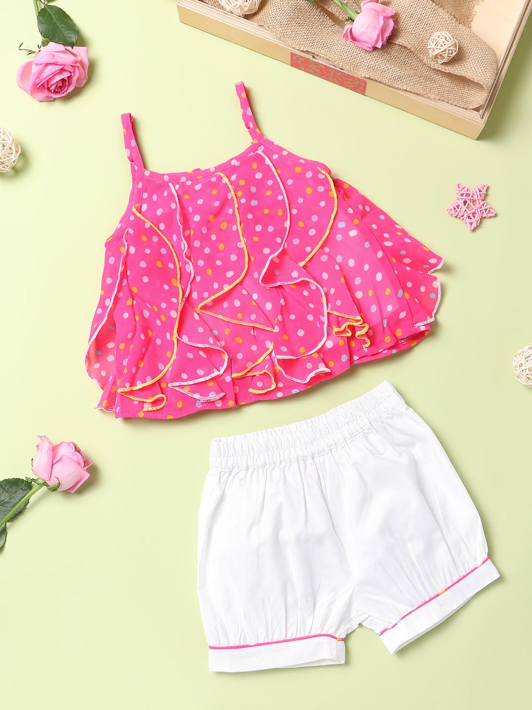 Nautinati Girls White Pink Printed Pure Cotton Top With Shorts main image 0