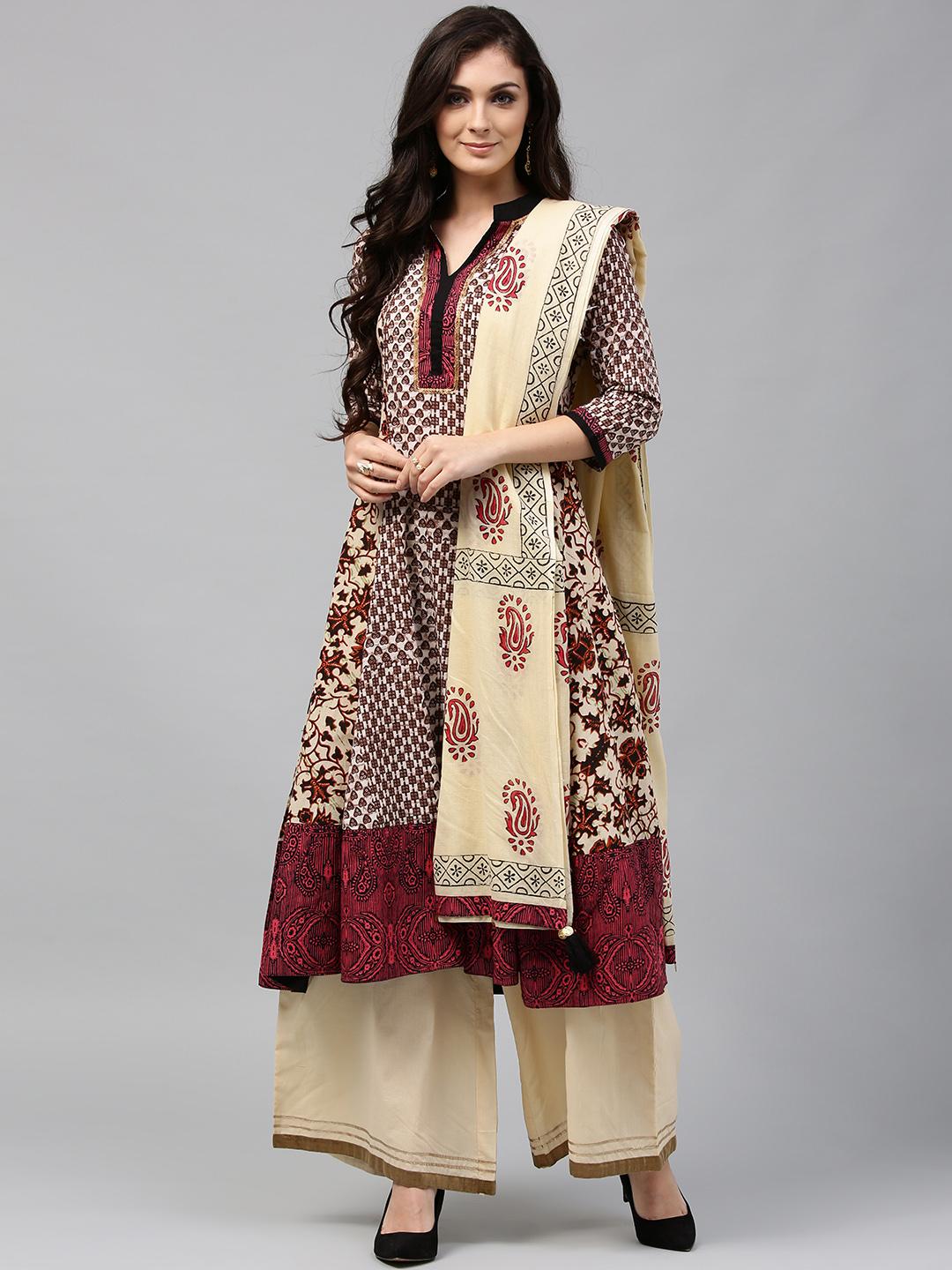 Women's Beige Printed Pleated Kurta Sets with Dupatta