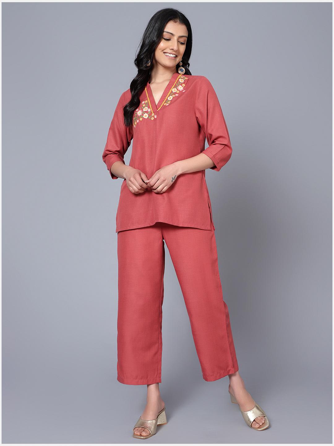 Buy Bani Women Rose V Neck Tunic With Trousers Co Ord Set - - Apparel for Women