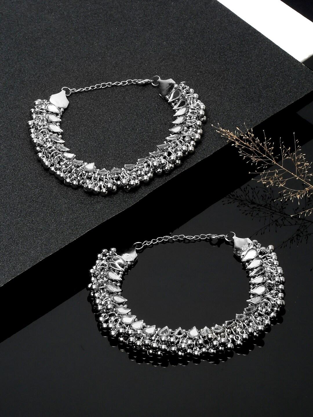 Buy YouBella Set Of 2 Silver Plated Beaded Anklets - Anklet for Women ...