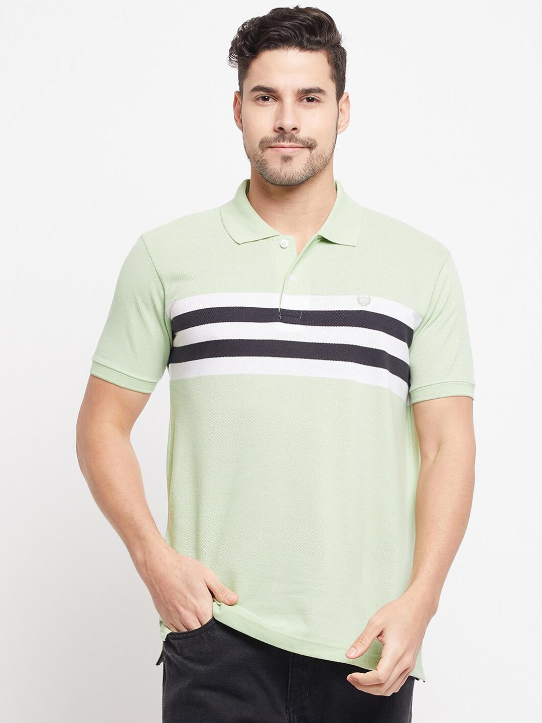 Men's Green Striped Polo Collar Slim Fit Cotton T-Shirt