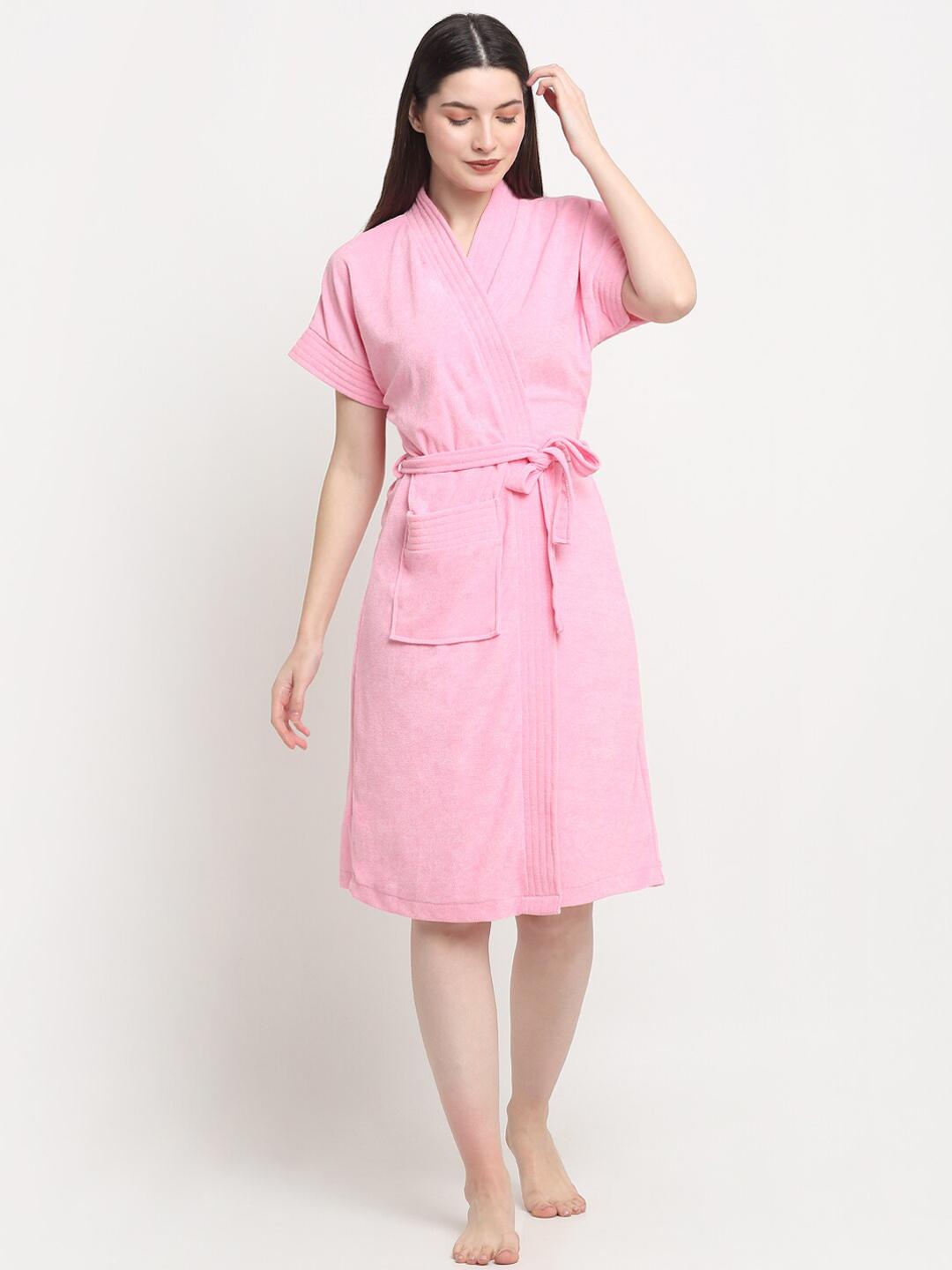 Buy Creeva Everyday Pink Solid Terrycloth Drawstring Knee Length Bath Robe - - Home for Unisex