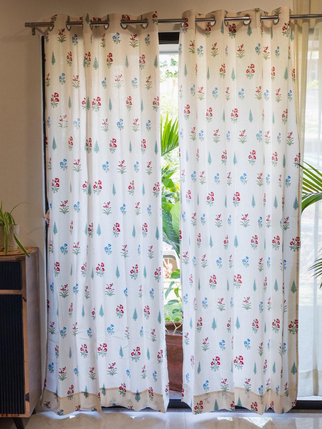 Buy URBAN SPACE Red & Cream Colored Floral Cotton Long Door Curtains - - Home for Unisex