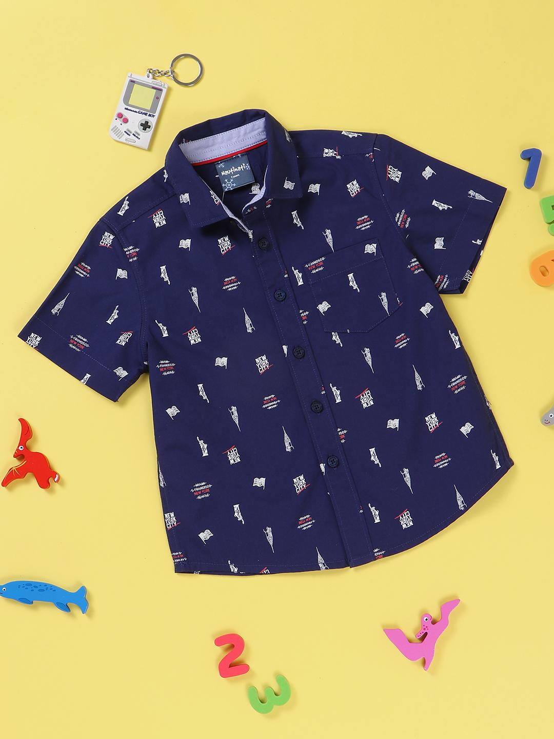 Nauti Nati Boys Blue Printed Shirt with Shorts